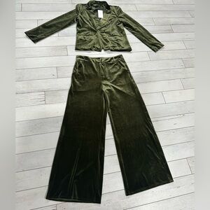 Cache Olive Green Velvet Blazer and Pants Set